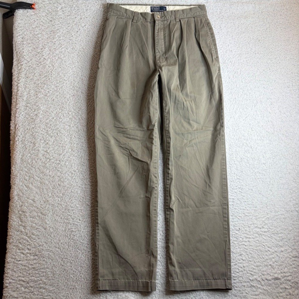 Polo Ralph Lauren Andrew Pant Chino Tan Double Pleated Cotton 33x32 (31x31) Mens